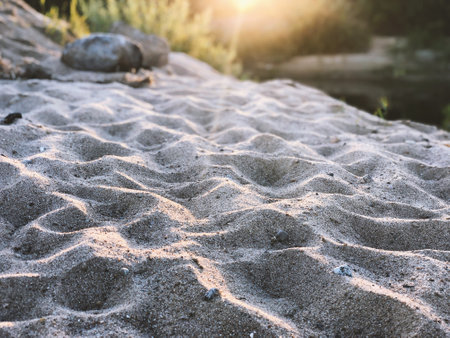 Abandoned sandy beach with footprints in the evening sun in summer on the lakeの写真素材
