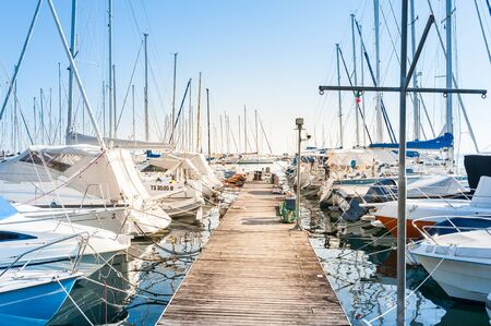 Sistiana, Trieste, Italy - July 28, 2015: Pleasure Boats moored in the harbor.のeditorial素材
