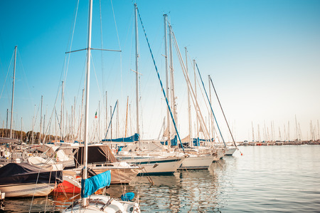 Sistiana, Trieste, Italy - July 28, 2015: Pleasure Boats moored in the harbor.