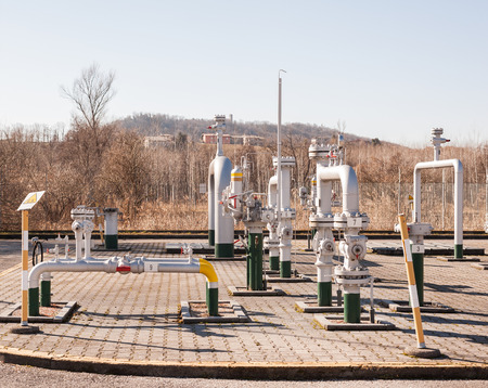 Regulating station with pressure relief valves, instrumentation and pressure regulating valves and pipes.の写真素材