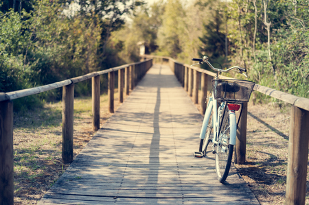 Bicycle with basket on the bicycle path in summer day. Photo in vintage style.の写真素材