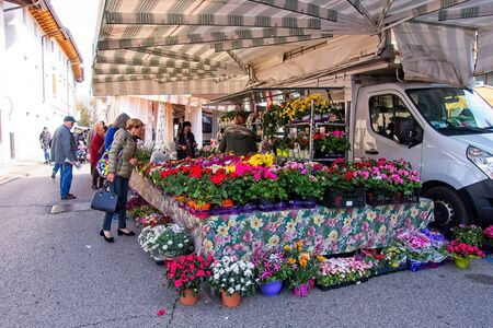 Udine, Italy - April 2 2019 :People at the local traditional outdoor market. Stall for the sale of garden flowers.のeditorial素材