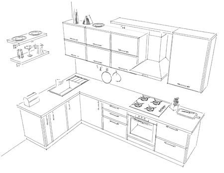 Sketch drawing of 3d modern corner kitchen interior monochromeの写真素材