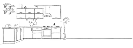 Sketch drawing of 3d modern corner kitchen interior on white long backgroundの写真素材