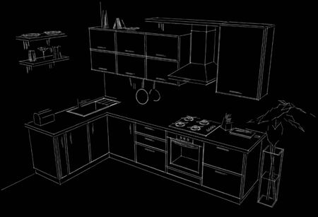 Sketch outline drawing of 3d modern corner kitchen interior black and whiteの写真素材