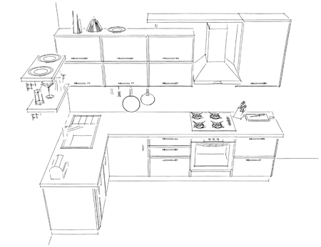 Sketch of modern corner kitchen. 3d contour illustration. Black wire lines on white background. Top view.の写真素材