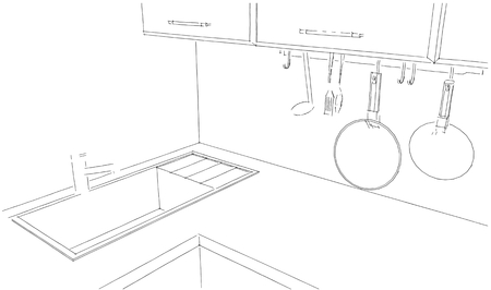 Sketch of kitchen corner with sink and kitchenware. 3d outline illustration.の写真素材