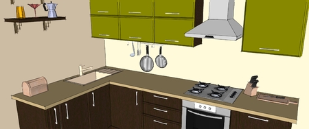 Sketch freenand drawing of green and brown modern corner kitchen interiorの写真素材