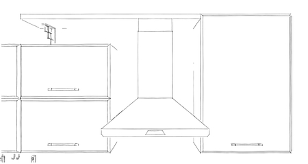 Kitchen hood with cabinets and shelf outline sketch. Black pencil lines on white background. Front view.の写真素材