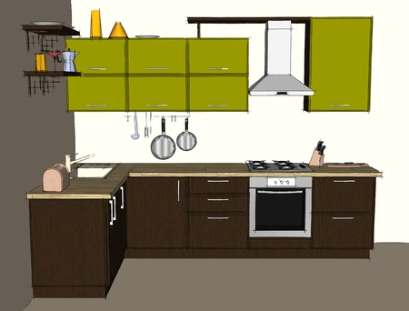 Sketch drawing of green and brown modern corner kitchen interior. Front viewの写真素材