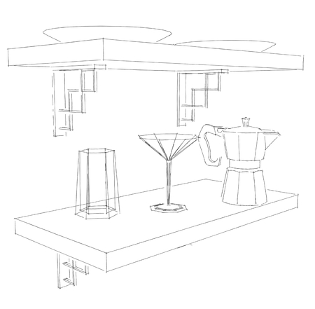 Sketch drawing of kitchenware (cocktail glass, kettle and plates) on shelfの写真素材