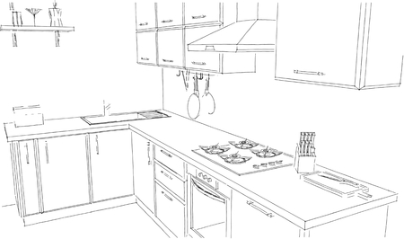 Sketch of modern corner kitchen. 3d contour illustration. Black lines on white background.の写真素材