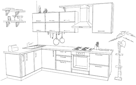 Sketch of modern corner kitchen. 3d outline illustration. Black pencil lines on white background.の写真素材