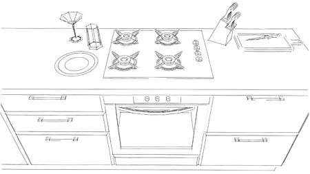 Sketch drawing of built-in kitchen stove and oven black and white. Top view.の写真素材