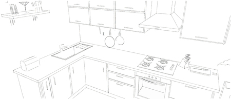 Sketch of modern corner kitchen. 3d outline illustration. Black pencil lines on white background.の写真素材