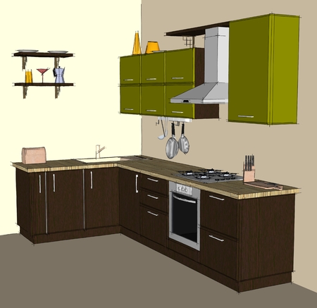 Sketch drawing of green and brown modern corner kitchen interior. Isometric viewの写真素材
