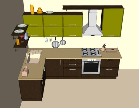 Sketch abstract drawing of green and brown modern corner kitchen interior. Top viewの写真素材