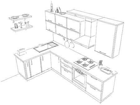 Sketch of contemporary corner kitchen. 3d pencil black and white drawing.Top view.の写真素材