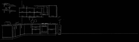 Modern corner kitchen interior. Black and white 3d sketch drawing on long backgroundの写真素材
