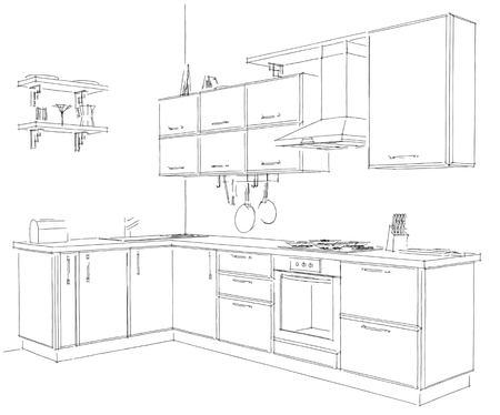 Sketch of modern corner kitchen. 3d freehand illustration. Black pencil lines on white background.の写真素材