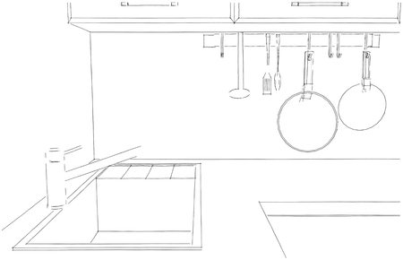 Sketch of kitchen corner with sink and kitchenware. 3d outline illustration.の写真素材