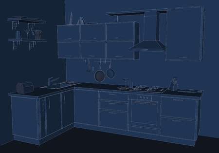 Abstract drawing of contemporary corner kitchen interior. 3d sketch with white lines on blue background.の写真素材