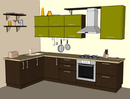 Abstract drawing of green and brown modern corner kitchen interiorの写真素材