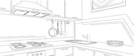Black and white drawing of kitchen corner with sink, wall pot rack, fume hood, cooktop and geometry painting on the wall.の写真素材