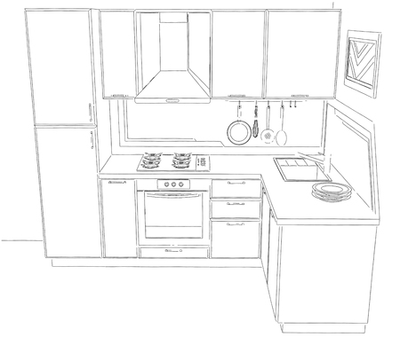 Modern corner kitchen interior drawing with built in fridge.の写真素材