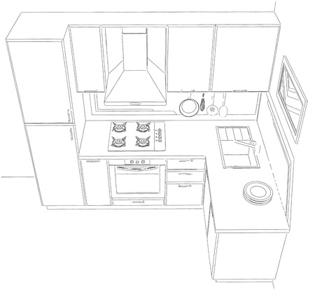 Small corner kitchen interior 3d contour illustration. Top perspective view.の写真素材