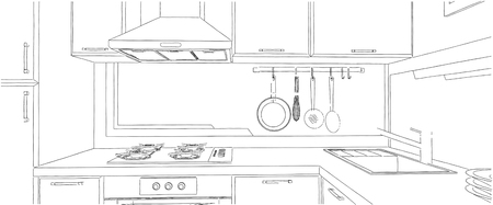 Contemporary corner kitchen interior sketch with abstract painting on the wall.の写真素材