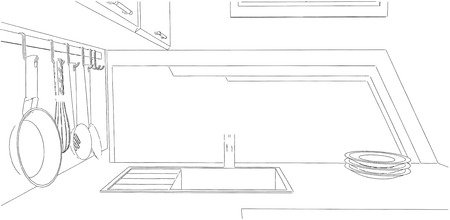 Sketch of kitchen corner with sink and wall pot rack.の写真素材