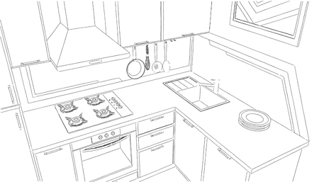 Modern corner kitchen interior sketch with abstract painting on the wall.の写真素材