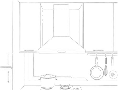 Black and white illustration of fume hood and cupboards with kitchen utensilsの写真素材