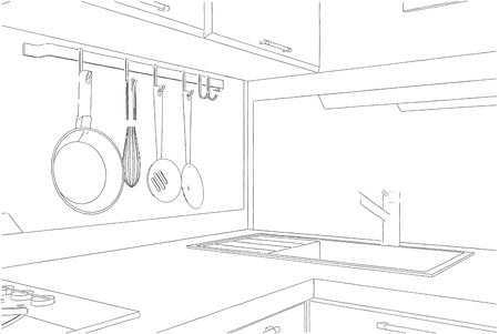 Wire line black and white sketch of kitchen corner with sink and wall pot rack.の写真素材