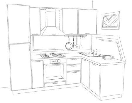 Contour sketch three dimensional illustration of modern corner kitchen interior with built in fridge black and white. Perspective view.の写真素材
