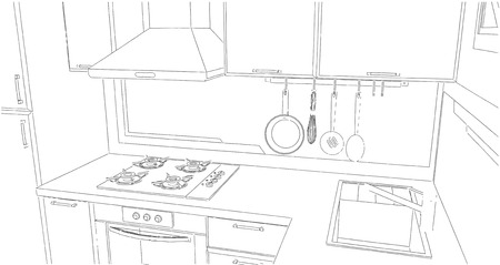 Sketch of kitchen corner with sink, wall pot rack, fume hood, cooktop and geometry painting on the wall.の写真素材
