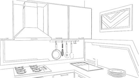 Modern corner kitchen interior pencil line drawing.の写真素材
