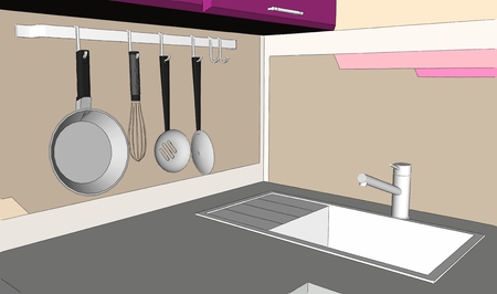 Close up of purple and brown kitchen corner with sink and wall pot rack. 3D sketch drawing.の写真素材