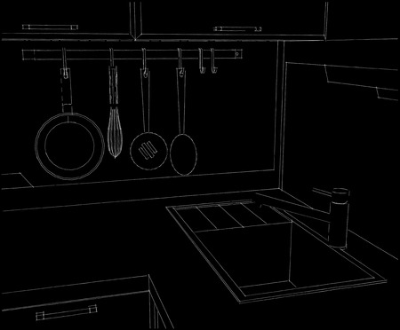 Sketch of kitchen corner with sink and wall pot rack. 3d outline illustration.の写真素材