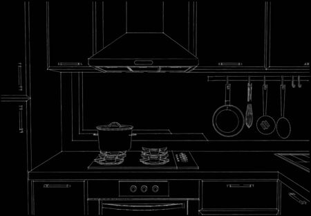 Kitchen hood with cupboards and appliances black and white layout. Front viewの写真素材