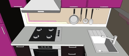 3d illustration of purple and brown kitchen corner with appliances. Top viewの写真素材