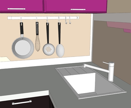 Close up of purple and brown kitchen corner with sink and wall pot rack. 3D sketch drawing.の写真素材