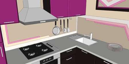 Close up of modern purple and brown kitchen corner interior with fume hood, gas hob, sink and wall pot rack.の写真素材