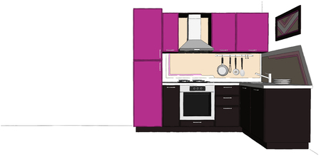 3D illustration of bright lilac and brown corner kitchen interior isolated on white long background. Perspective view.の写真素材