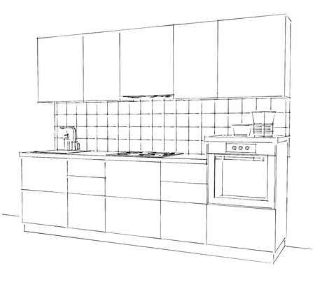 Hand drawn illustration of contemporary kitchen furniture isolated black and whiteの写真素材