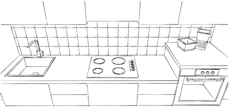 Small kitchen counter close up. Tap, sink, built in induction cooker, stove and tile splash back. Top view.の写真素材