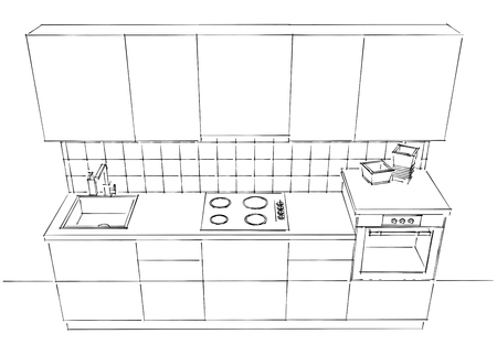 Contour sketch illustration of modern kitchen black and white. Top perspective view.の写真素材