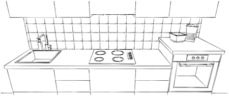 Sketch of kitchen counter with tile splash back isolated. Front top view.の写真素材
