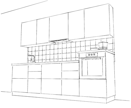 Modern kitchen contour sketch black and white. 3d illustration. View from the bottomの写真素材